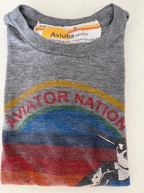 Aviator Nation Miami Kids Grey Tee with Multicolor Retro Rainbow Graphic